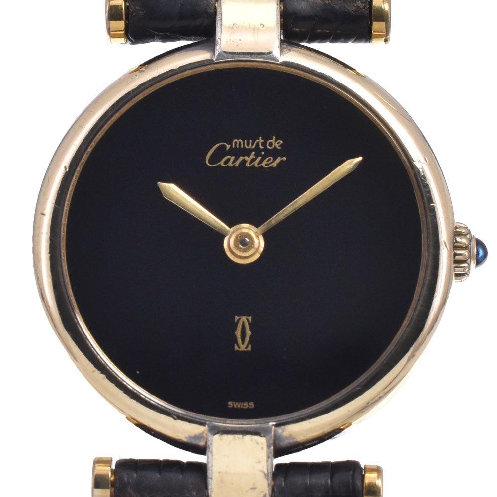 カルティエ CARTIER マスト ヴァンドーム SV925(GP)/レザー ブラック クォーツ レディース 腕時計 N#148755