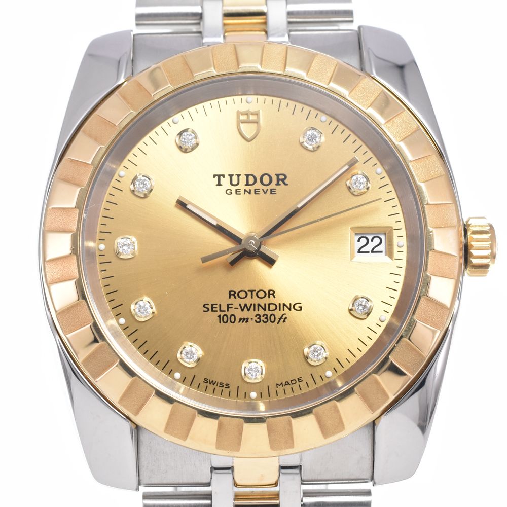 チューダー TUDOR 21013 クラシック デイト SS/YG 10Pダイヤモンド ゴールド 自動巻き メンズ 美品 腕時計 N#148665