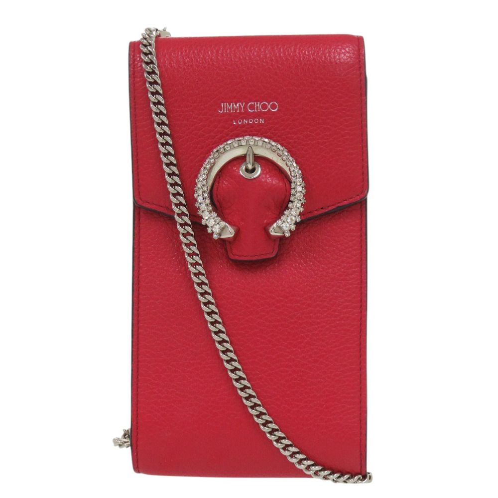 美品 ジミーチュウ スマホショルダー フォンケース レザー レッド ショルダーバッグ 赤 0385 JIMMY CHOO