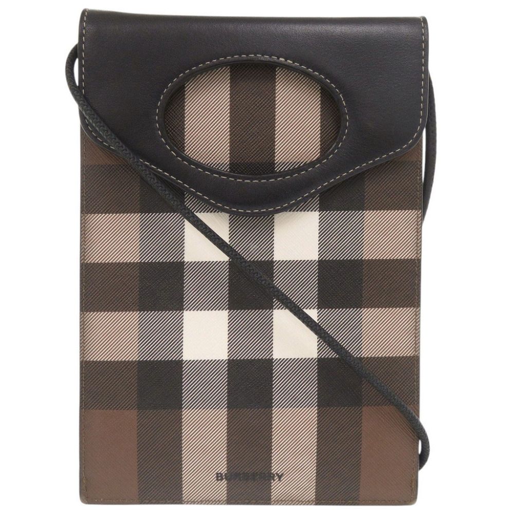 美品 バーバリー チェック柄 フォンケース レザー PVC ブラウン ショルダーバッグ ポシェット 0974 BURBERRY