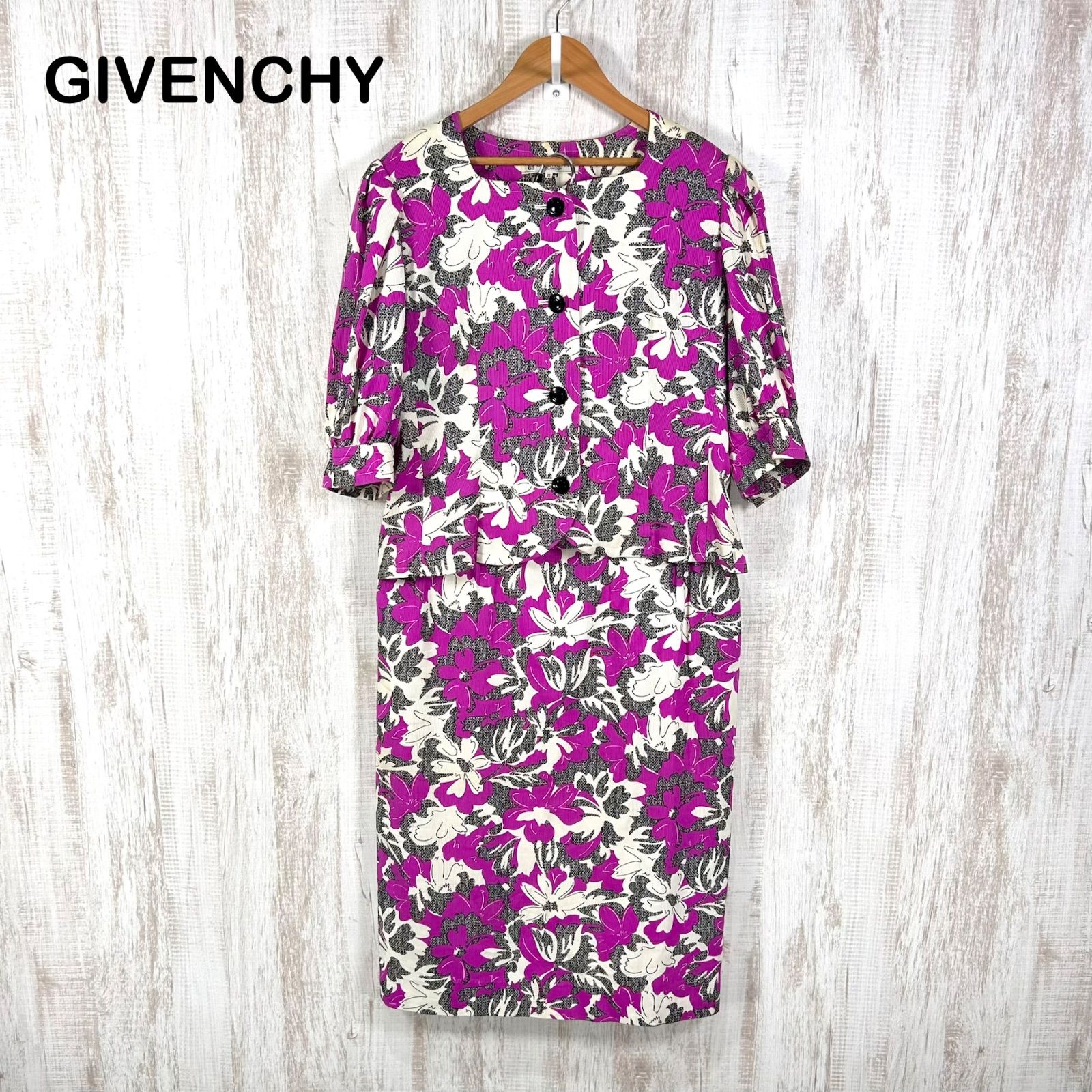 GIVENCHY ヴィンテージ ジバンシー 花柄 ノーカラージャケット スカートセットアップ パープル 大きいサイズ