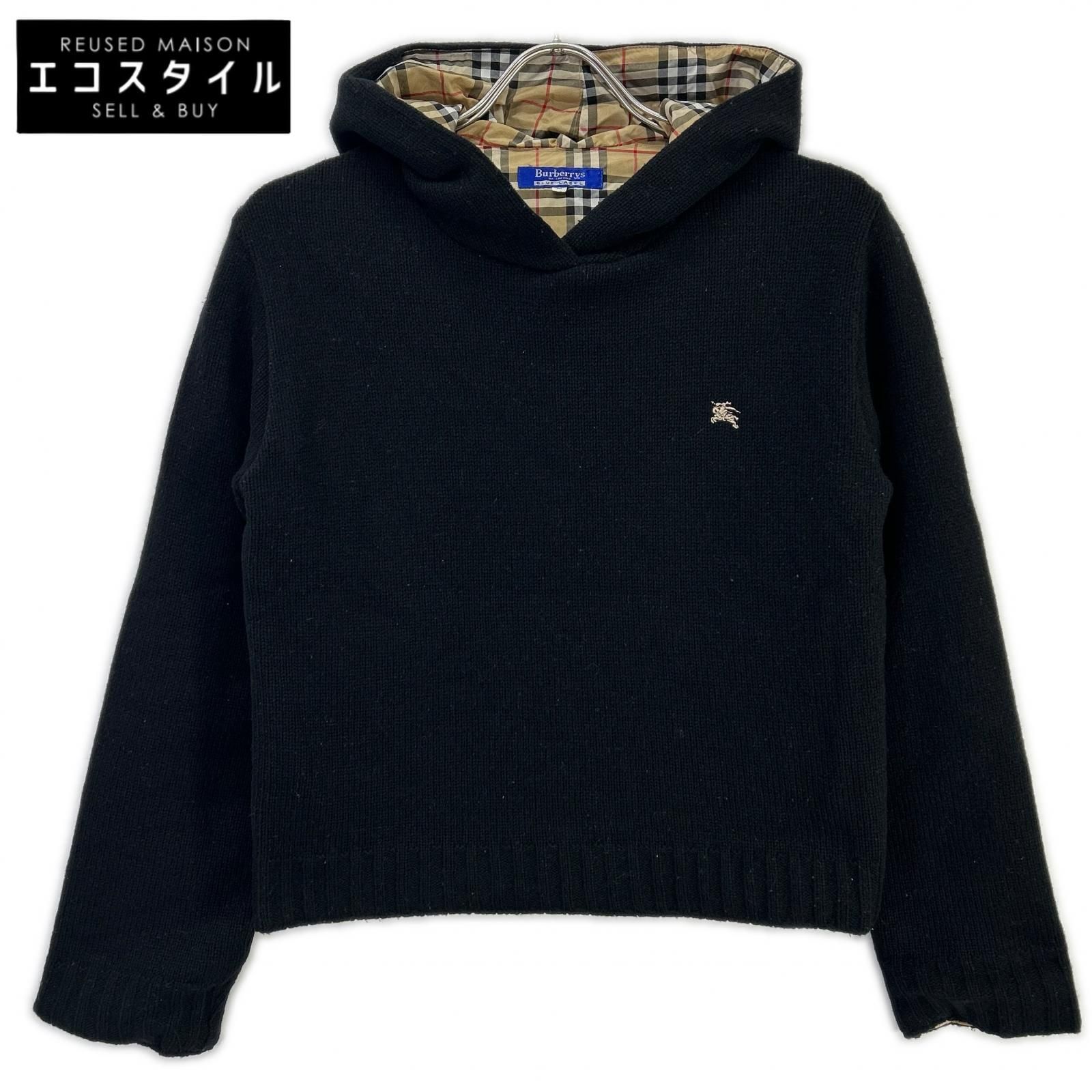 Burberry Blue Label　バーバリーブルーレーベル　ブラック ウール 裏地チェック サイドジップ パーカー　M