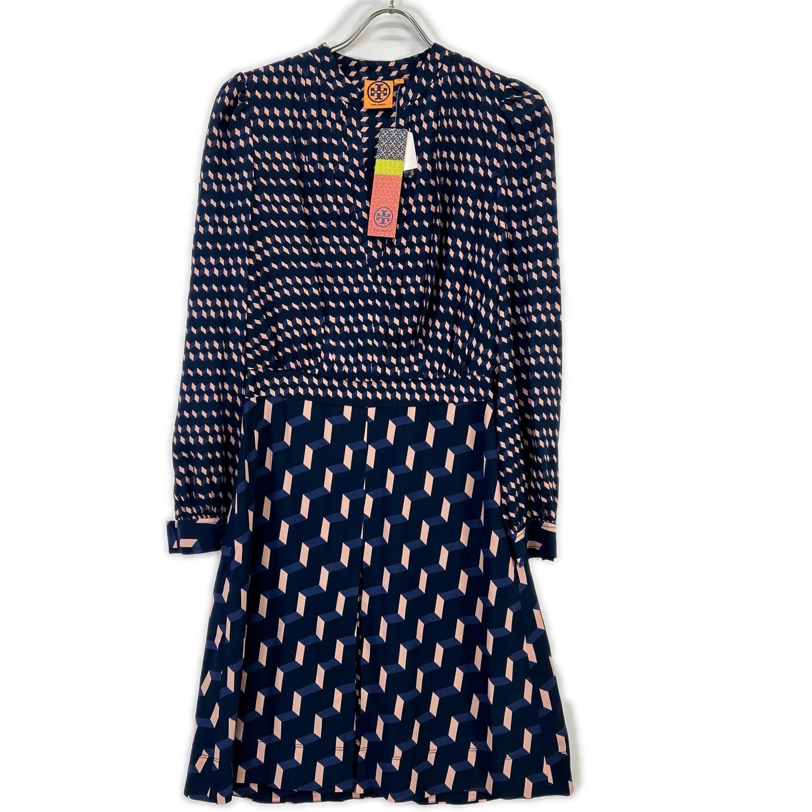 Tory Burch トリーバーチ ネイビー×ピンク 幾何学模様 シルク