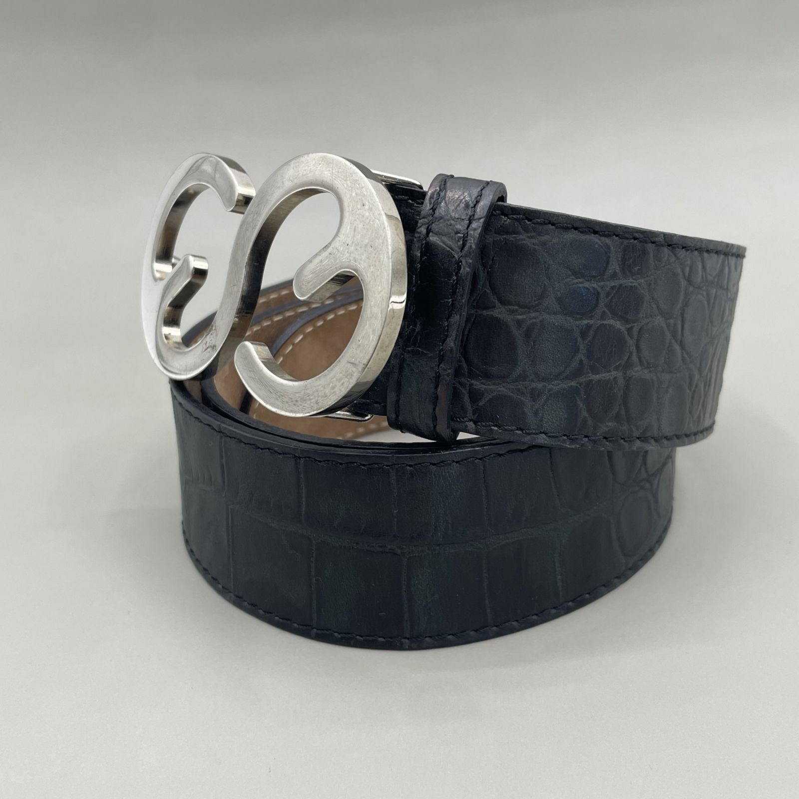 美品 ESCADA SPORT エスカーダ ベルト ロゴ シルバー金具 クロコ型押し
