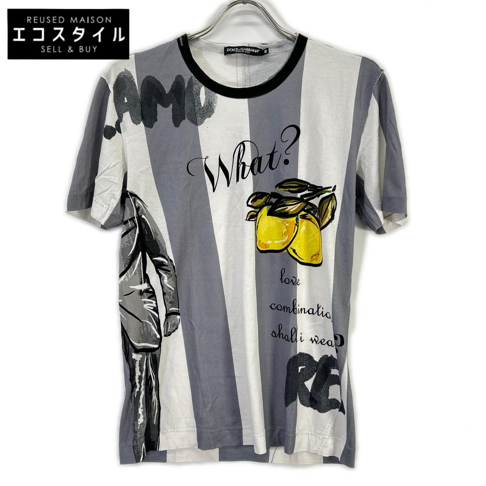 DOLCE&GABBANA　ドルチェアンドガッバーナ　G8GB5T FP7MT ホワイト×グレー コットン ストライプ WHAT? プリントTシャツ　46