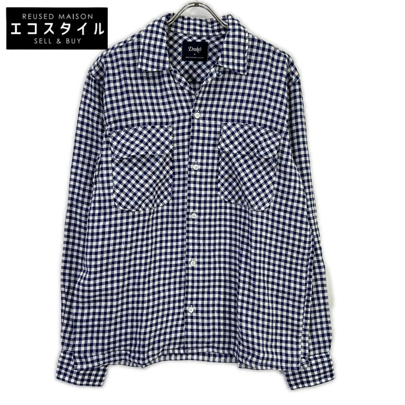 Drakes　ドレイクス　ブルー ギンガムチェック リネン100% LS CAMP COLLAR SHIRT　M