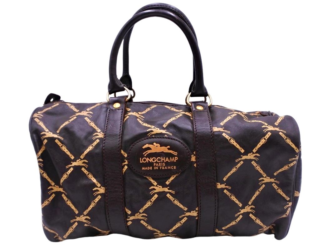 LONGCHAMP ロンシャン レザー ロゴ ボストン バッグ ブラウン