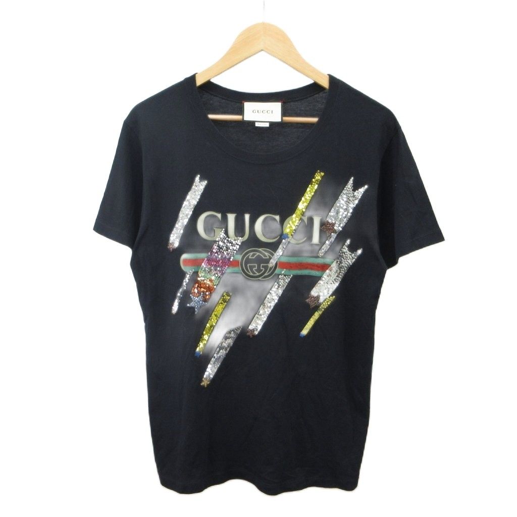 グッチ GUCCI シューティングスター ロゴ Tシャツ XS 黒 ブラック マルチカラー スパンコール 半袖 カットソー /PP ■GY19