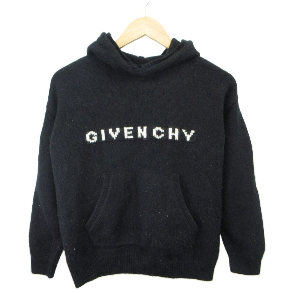 ジバンシィ GIVENCHY ニットパーカー フーディー セーター ウール 12+ 黒 ブラック ロゴ 長袖 カンガルーポケット /PP ■GY19