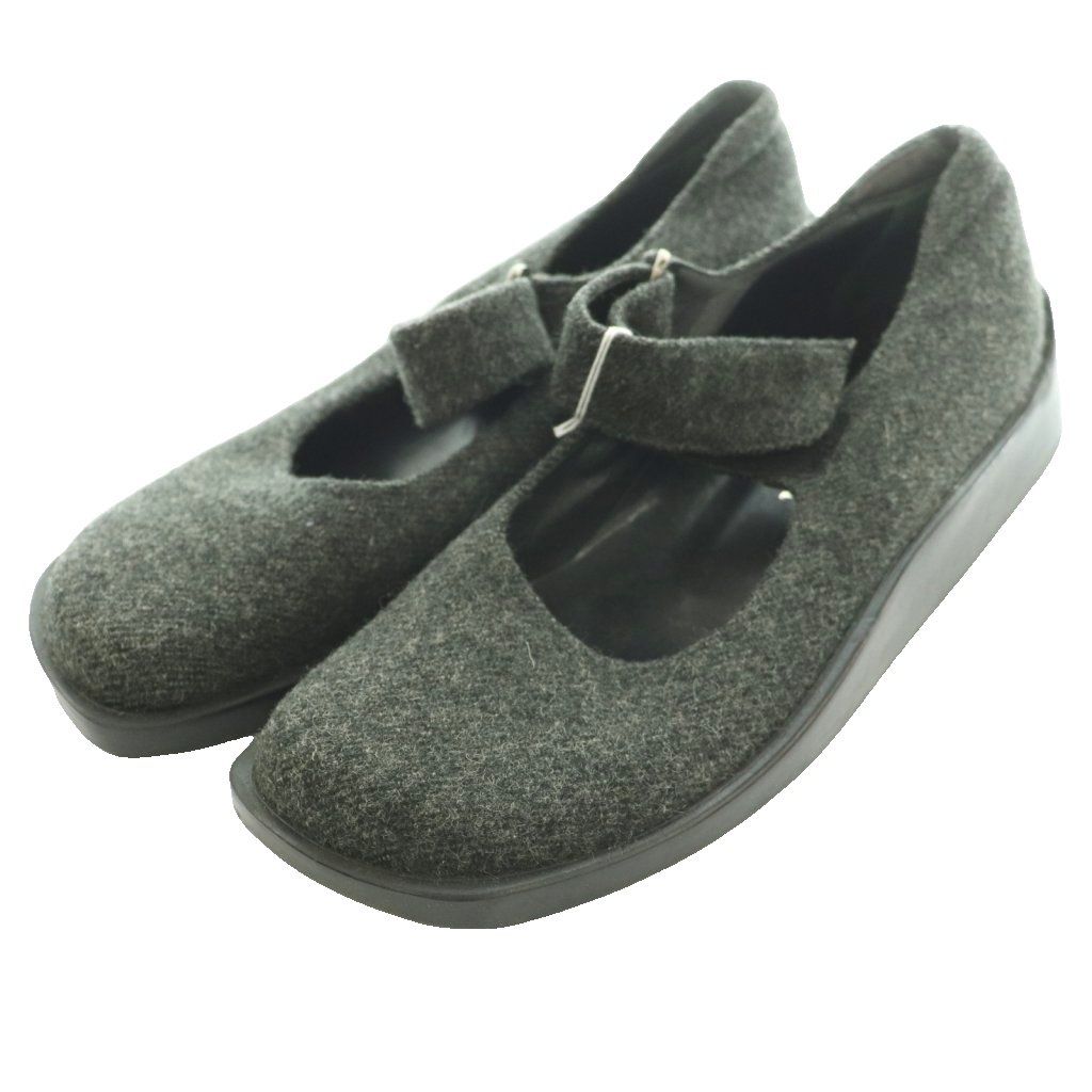 プラダ PRADA バレエシューズ ストラップ スクエアトゥ ウール 37.5 ダークグレー■GY50