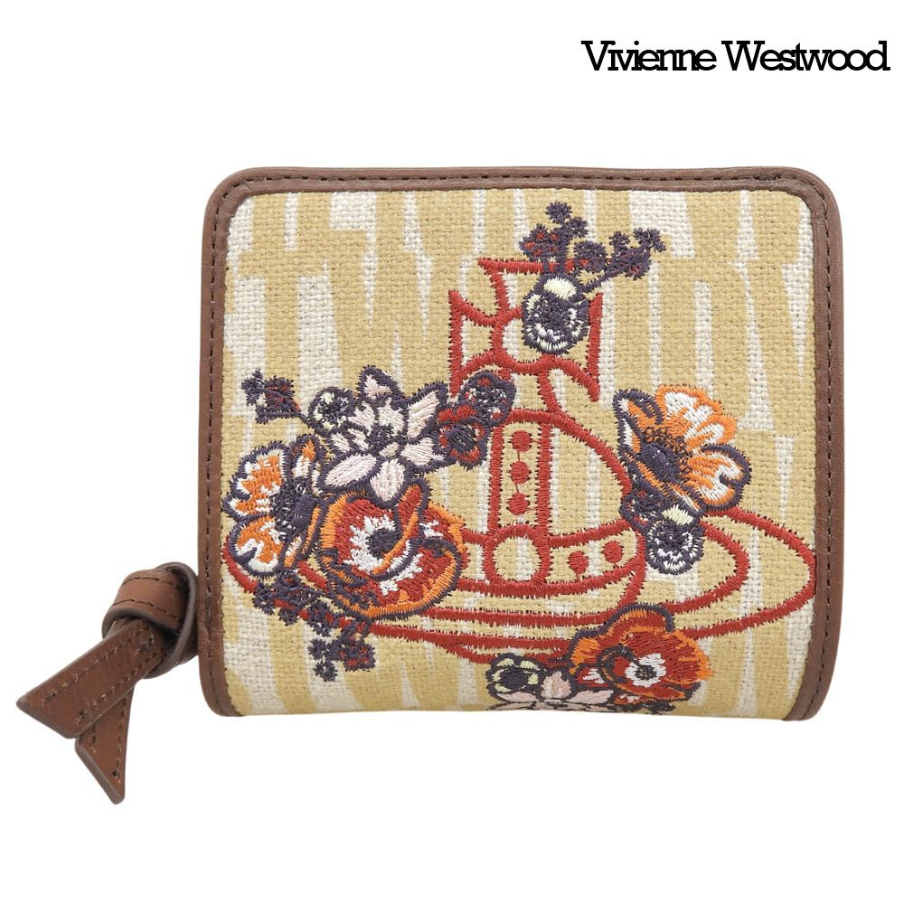 箱付き未使用 ヴィヴィアンウエストウッド Vivienne Westwood 希少 2025年 3318V632 オーブ刺繍 リネン×レザー 二つ折り財布 コンパクト ウォレット 8,400円