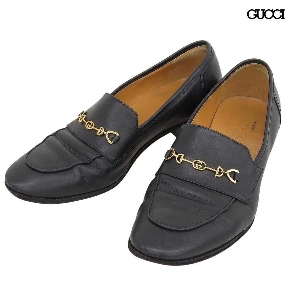 良品 グッチ GUCCI インターロッキングG ホースビット ローファー シューズ 37 1/2 24.0cm〜24.5cm相当 黒 レディース