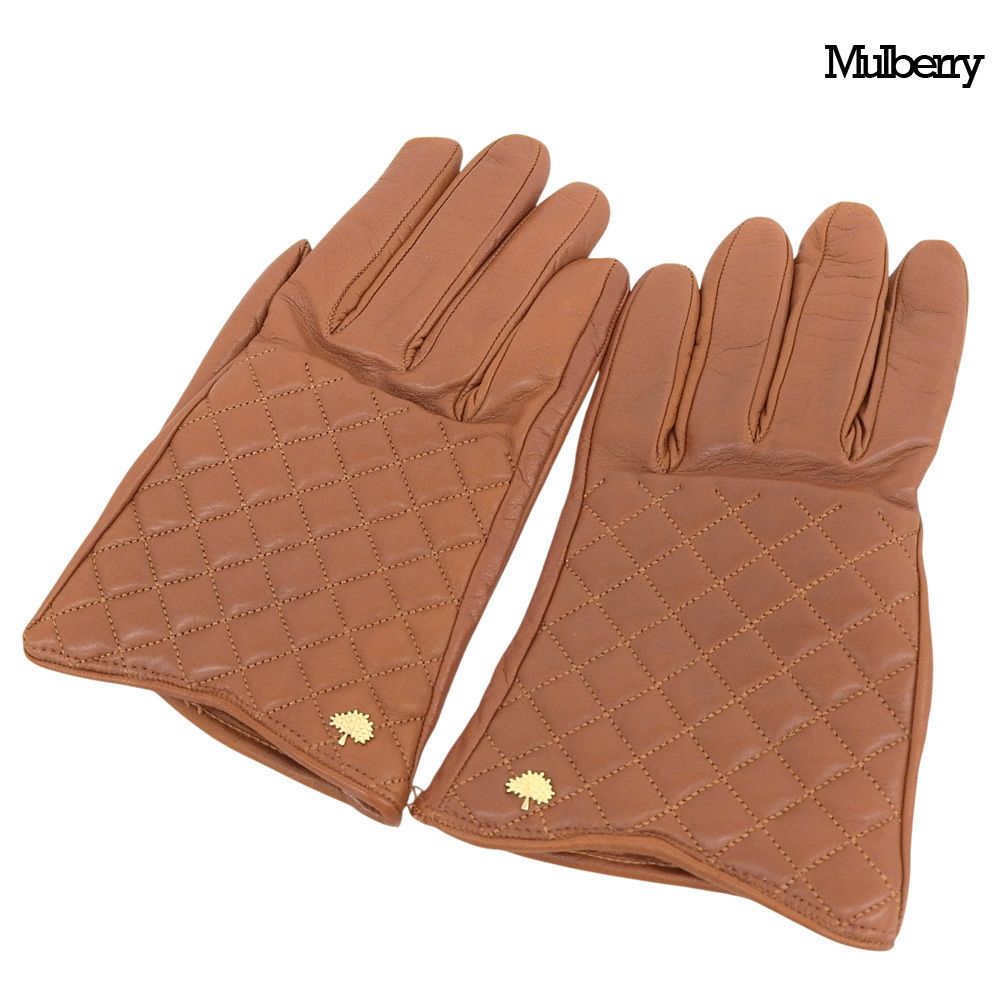 超美品 マルベリー MULBERRY ソフト ナッパレザー キルティング グローブ 手袋 サイズS ブラウン レディース