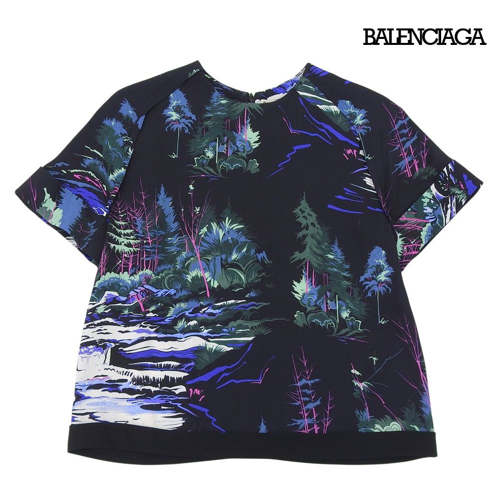 超美品 バレンシアガ BALENCIAGA 359646 TKA19 ランドスケープ柄 レーヨン プルオーバー 半袖 ブラウス サイズ36 ブラック レディース