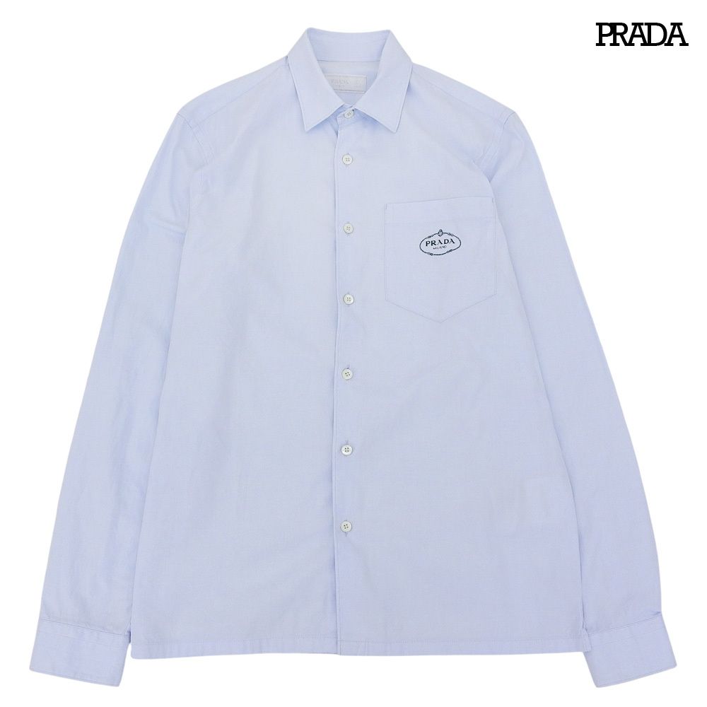 超美品 プラダ PRADA 2024年 UCN425 ロゴ刺繍 コットン シャツ サックス ブルー サイズ37 定価214500円