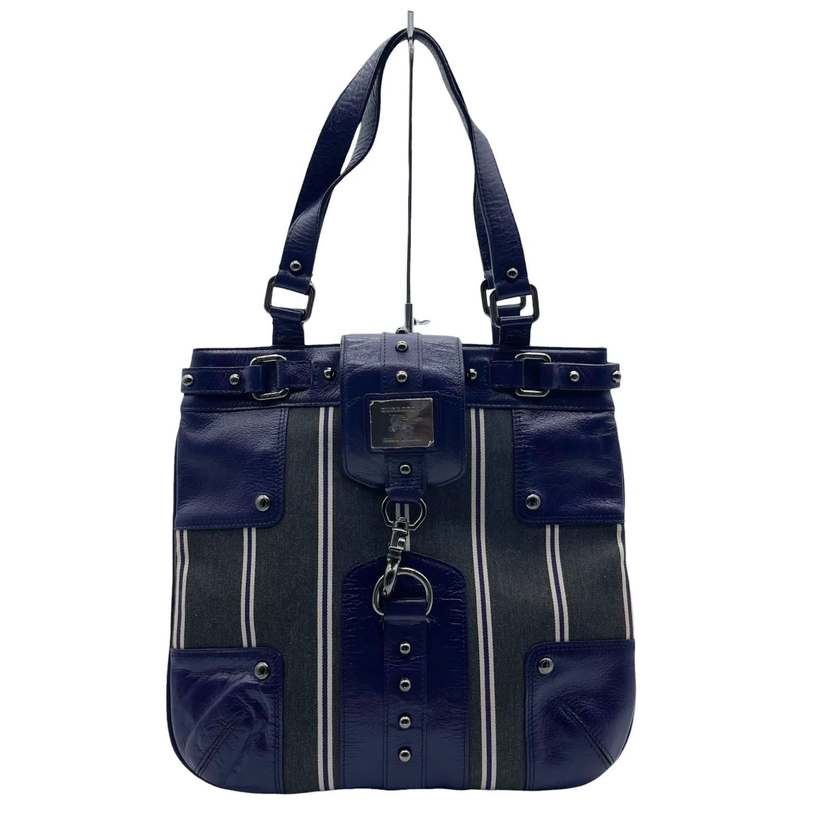 希少 BURBERY BLUELABEL バーバリー ブルーレーベル トートバッグ ロゴ ストライプ レザー キャンバス パープル ヴィンテージ レディース
