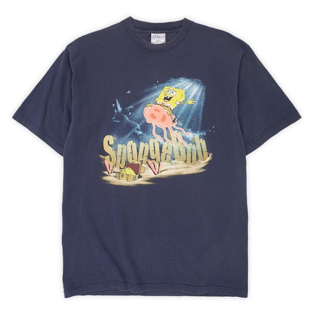 スポンジボブ Sponge Bob 00s 2000年代 キャラクタープリントTシャツ アニメ All Sport フェード USA ヴィンテージ アメリカ 古着 メンズ Tシャツ カットソー ネイビー / 紺 L【中古】