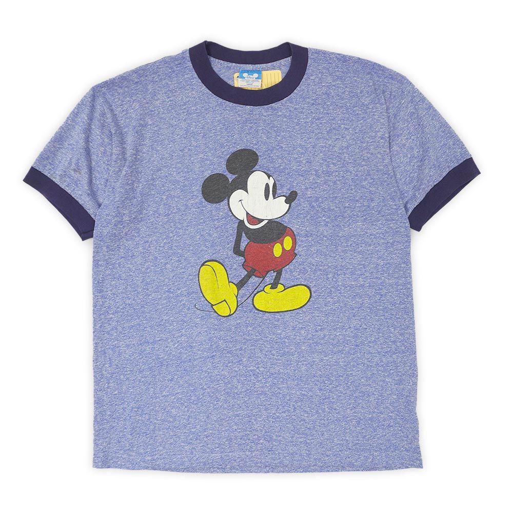 ディズニー Disney 80s 80年代 ミッキーマウス Mickey Mouse リンガーTシャツ トリムT キャラクタープリント 青タグ MADE IN USA アメリカ製 ヴィンテージ 古着 霜降りブルー L【中古】