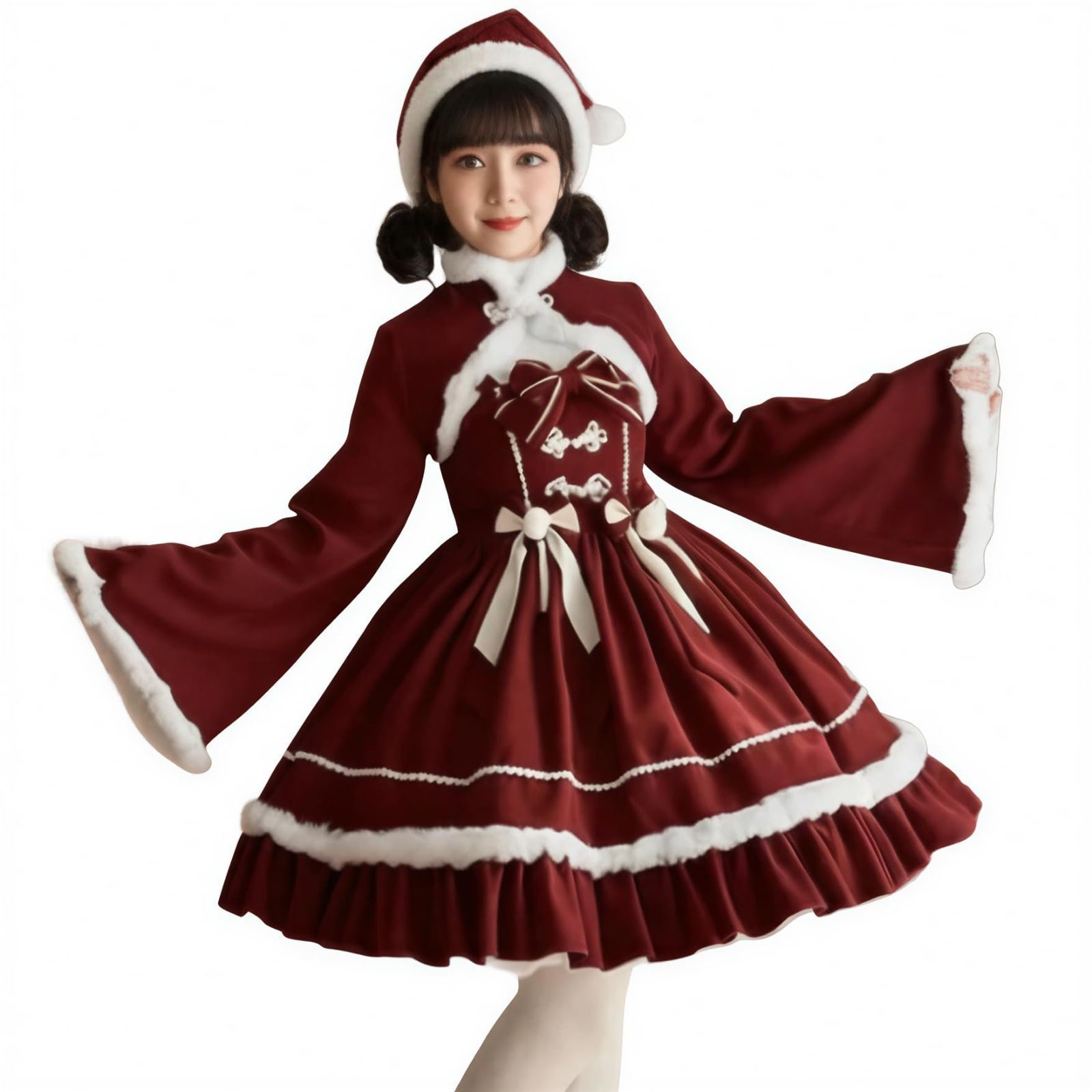 サンタコスプレ ロリータ レディース jsk ワンピース 可愛い 3点セット Lolita 赤 ピンク ショール リボン付き ロリィタ ゆめか