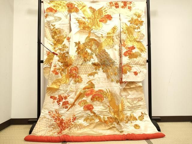 平和屋本店●色打掛　お引きずり　和装　婚礼　結婚式　花嫁　神社挙式　駒刺繍　総刺繍　飛鶴孔雀花松文　金彩　逸品　DABG3606du