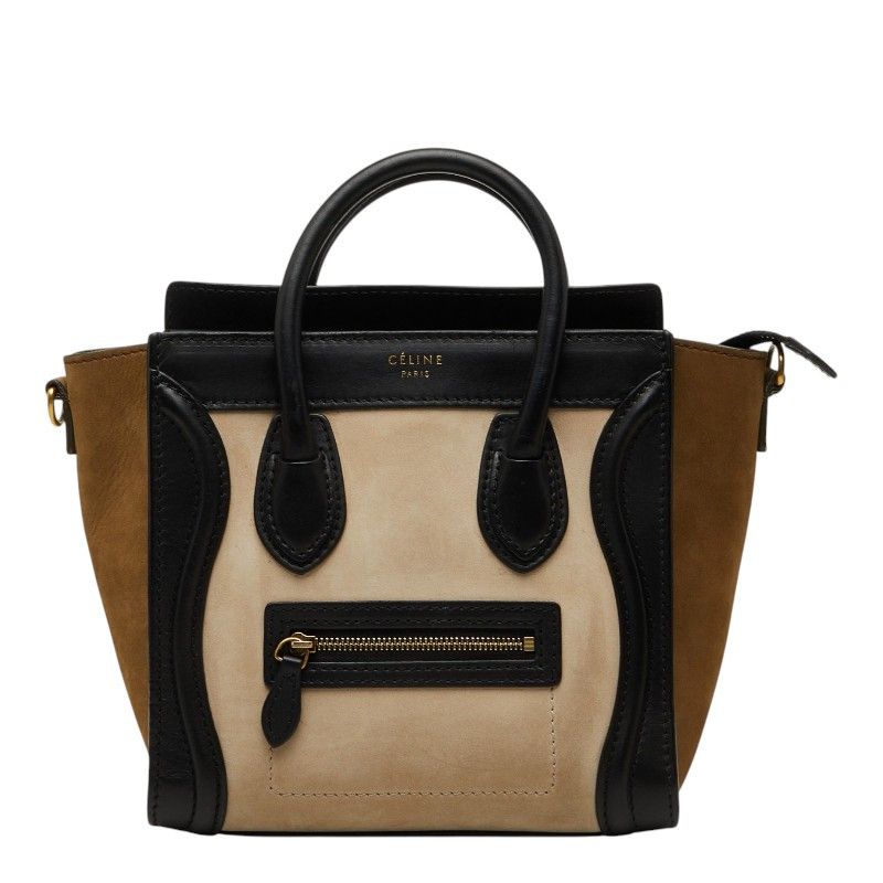 セリーヌ ラゲージ ナノショッパー ハンドバッグ ブラック マルチカラー レザー スウェード レディース CELINE【1-0269462】