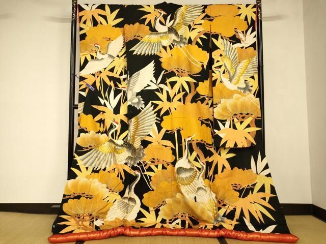 平和屋本店●色打掛　和装　婚礼　結婚式　花嫁　神社挙式　駒刺繍　飛鶴笹竹文　黒地　金糸　金彩　逸品　AABJ2710fw