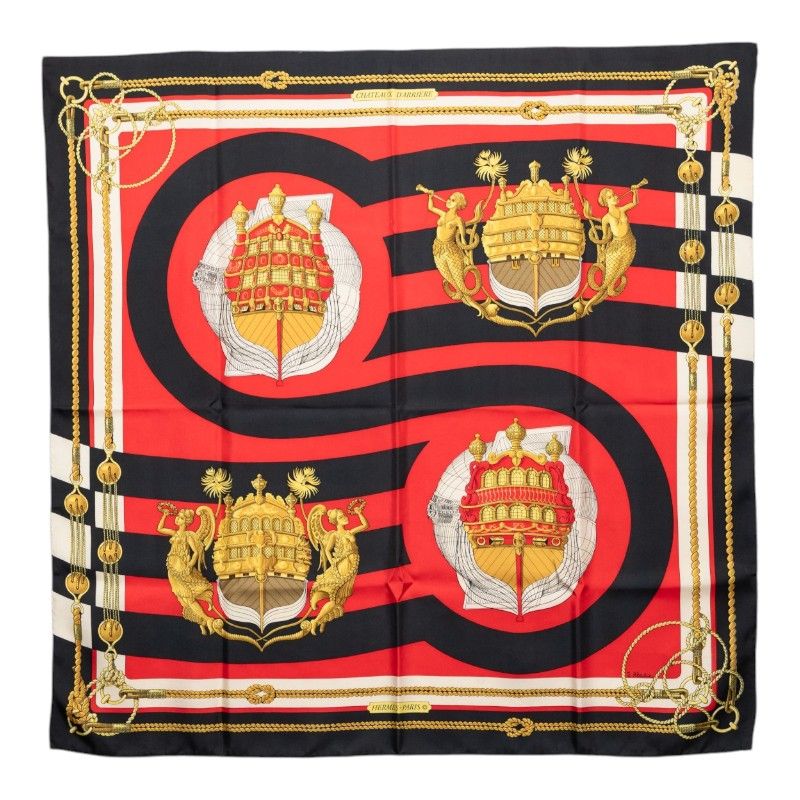 エルメス カレ90 CHATEAUX D'ARRIERE 艫飾り スカーフ レッド ブラック シルク レディース HERMES【1-0274059】