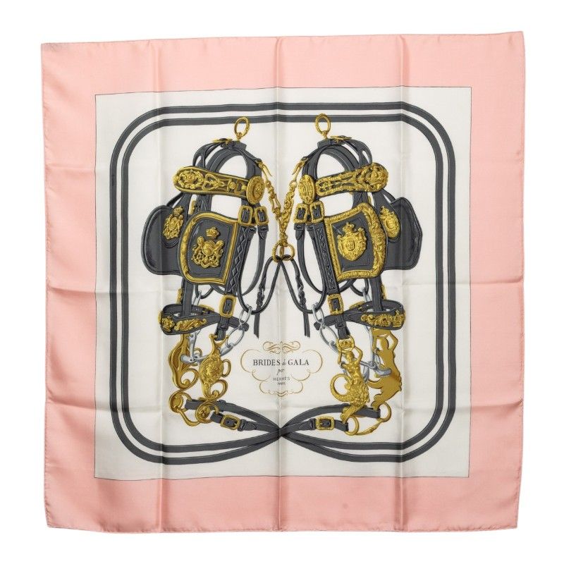 エルメス カレ90 BRIDES de GALA 式典用馬勒 スカーフ 大判 ピンク マルチカラー シルク レディース HERMES【1-0274095】