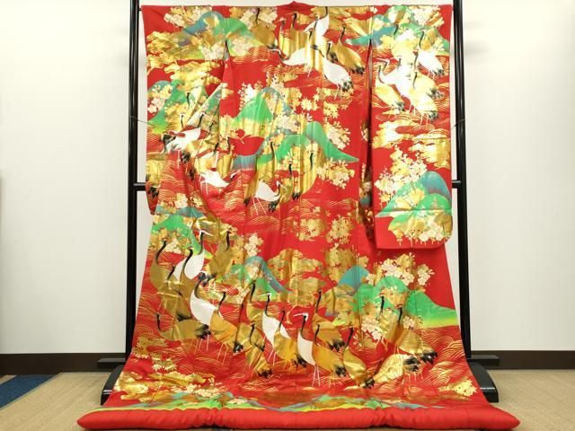 平和屋本店●本手描友禅作家　秋山章　色打掛　和装　婚礼　結婚式　花嫁　神社挙式　お引きずり　群鶴遠山草花文　金銀糸　逸品CABH7766ze