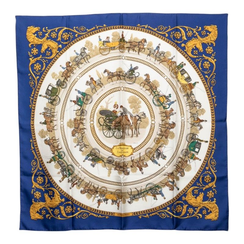 エルメス カレ90 La Promenade de Longchamps ロンシャンへの散歩 スカーフ 大判 ブルー系 マルチカラー シルク レディース HERMES【1-0274105】