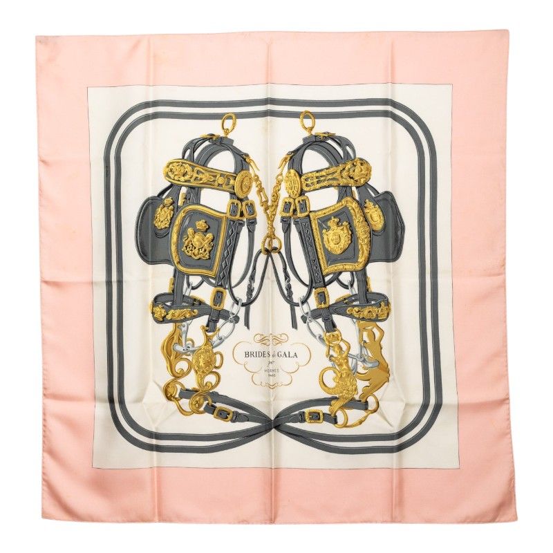 エルメス カレ90 BRIDES de GALA 式典用の馬勒 スカーフ 大判 ピンク マルチカラー シルク レディース HERMES【1-0274106】