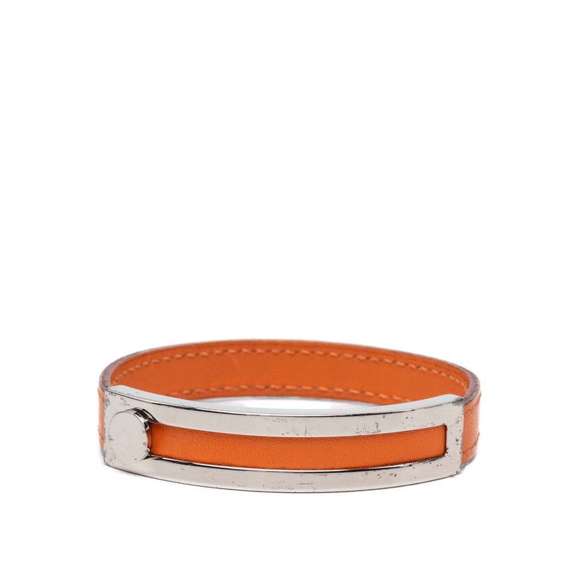 エルメス プスプス ブレスレット □G刻印 オレンジ系 シルバー メタル レザー レディース HERMES【1-0274208】