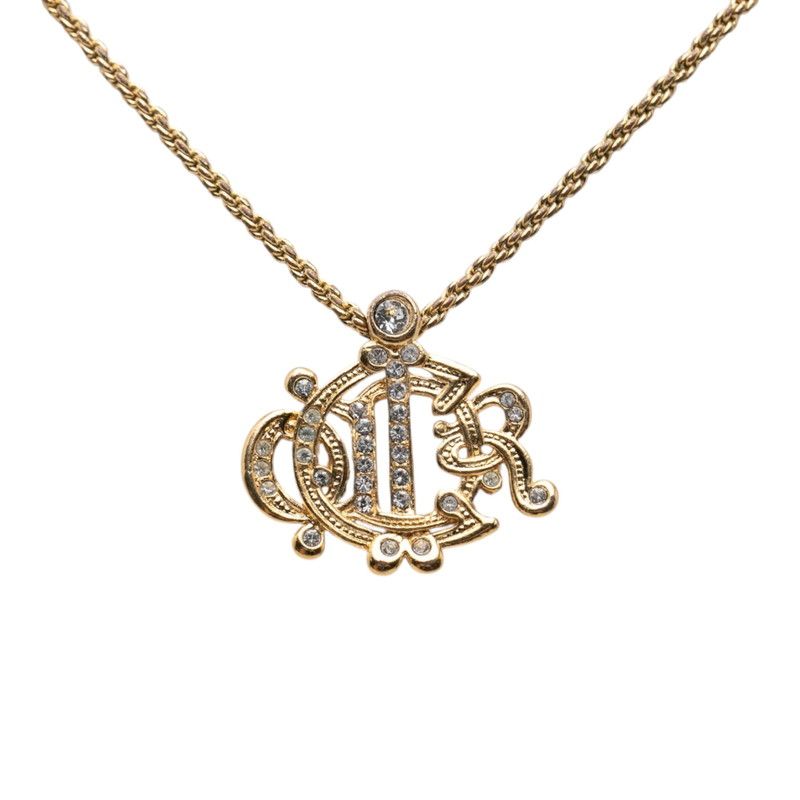 ディオール ロゴエンブレム チェーン ペンダント ネックレス ゴールド メッキ ラインストーン レディース Dior【1-0274232】