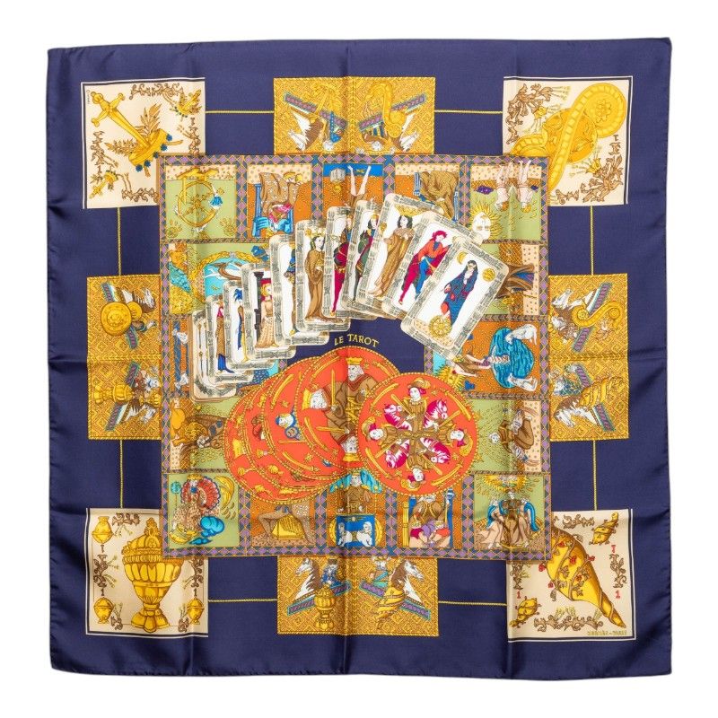 エルメス カレ90 LE TAROT タロットカード スカーフ ネイビー マルチカラー シルク レディース HERMES【1-0275007】