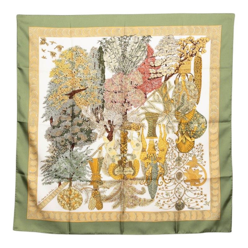 エルメス カレ90 Les Legendes de L'Arbre 木の伝説 スカーフ カーキ マルチカラー シルク レディース HERMES【1-0275013】