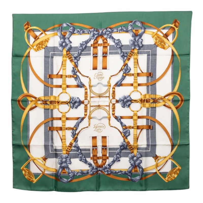エルメス カレ90 GRAND MANEGE 大調教術 馬具 スカーフ グリーン マルチカラー シルク レディース HERMES【1-0276301】