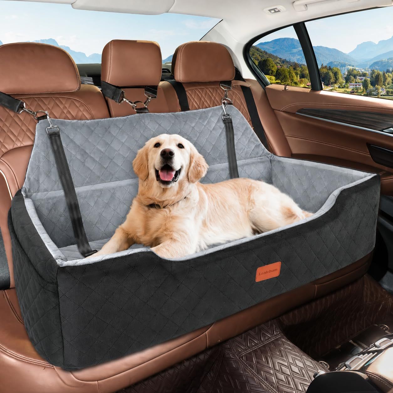 Lealchum 犬 ドライブボックス ドライブベッド 車 中型犬 小型犬 複数匹 ふんわり高反発 後部座席 シート ドライブシート 室内ベッド兼用 飛び出し防止 洗濯機OK ベッドのようにくつろげる 快適クッション 【005XL】