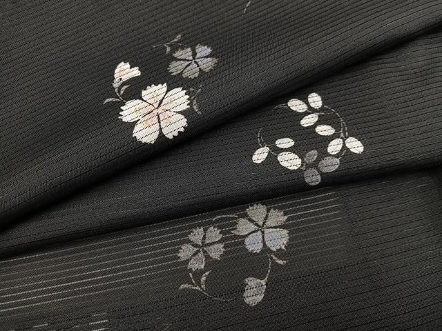 平和屋着物＊夏物　小紋　絽　秋草文　黒地　洗える着物　BAAX8084mz