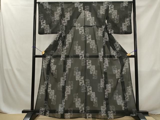 平和屋着物＊夏物　小紋　絽　色紙重ね花文　黒地　洗える着物　AABJ8885st