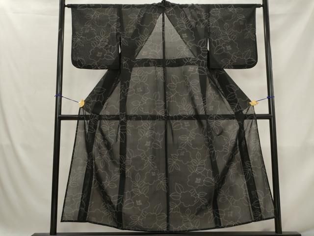 平和屋着物＊夏物　紗紬　舞花文　黒地　正絹　逸品　AABJ8894st