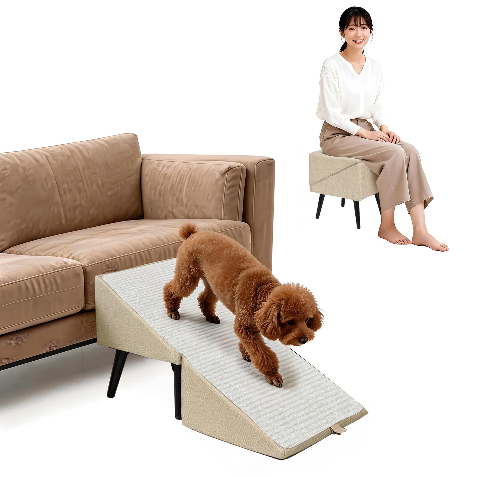 Mokiland 2WAY ペット用スロープ階段 折り畳み ドッグスロープ&踏み台 滑り止め 木製脚 犬用スロープ 小型犬 中型犬 人犬兼用 多機能ソファ犬用ランプとオットマン シニア犬対応 (カーキ色)