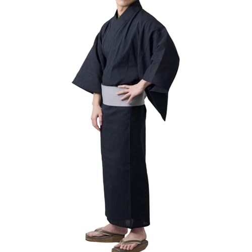 ★新品★[きものリビング] 浴衣 メンズ しじら織り (織りの凹凸でさらりと涼やか) 3点セット (浴衣 ワンタッチ帯 腰紐) 綿100% 吸汗 M/L/LL/3L 大きいサイズ 07150b8e