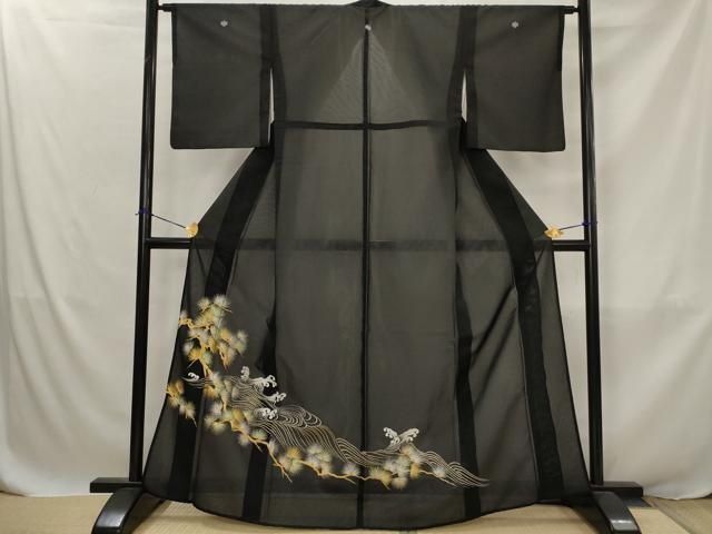 平和屋着物＊夏物　黒留袖　絽　刺繍　流水枝松文　金銀糸　洗える着物　AABJ8896st