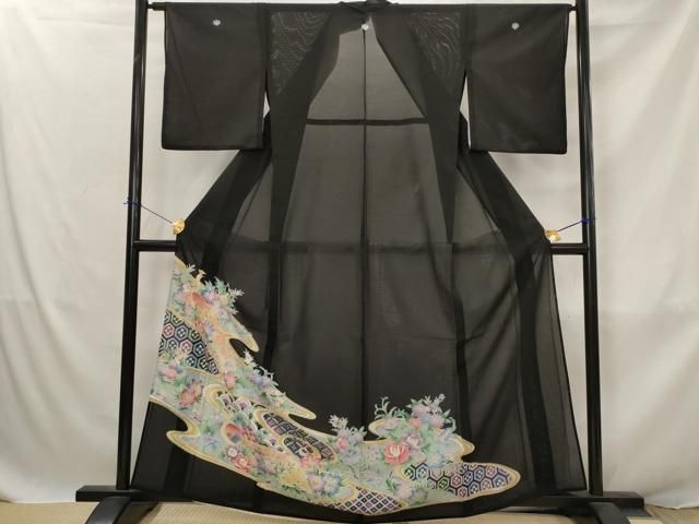 平和屋着物＊夏物　黒留袖　絽　駒刺繍　吉祥孔雀花文　銀彩　洗える着物　AABJ8897st