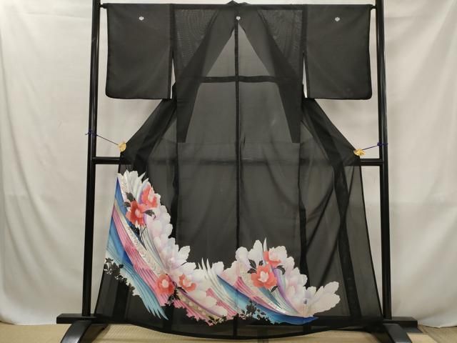 平和屋着物＊夏物　黒留袖　絽　草花文　銀彩　洗える着物　AABJ8898st