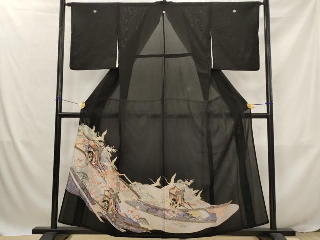 平和屋着物＊夏物　黒留袖　絽　御所車飛鶴花文　金彩　洗える着物　AABJ8899st