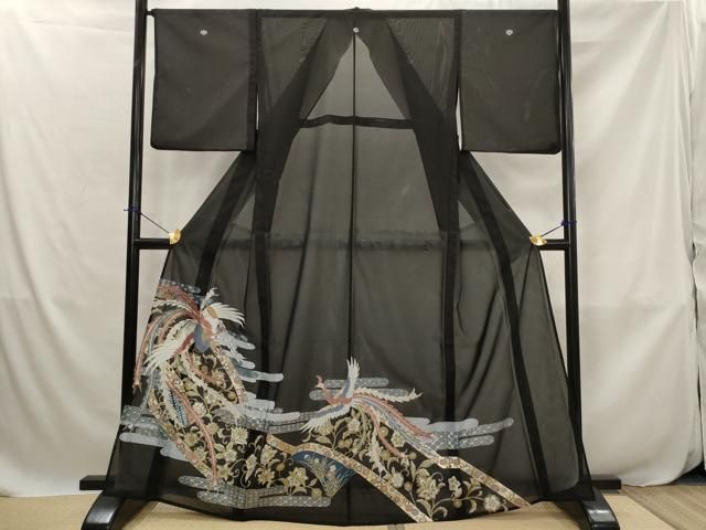 平和屋着物＊夏物　黒留袖　絽　吉祥鳳凰更紗花文　金彩　洗える着物　AABJ8900st