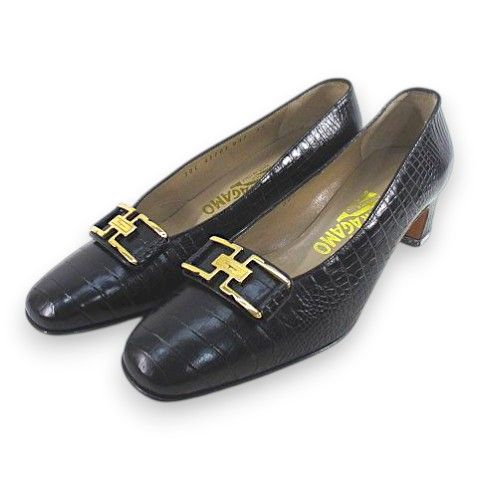 サルヴァトーレフェラガモ Salvatore Ferragamo パンプス スクエアトゥ ゴールド金具 クロコ型押し 5.5B ブラック 黒系 レザー イタリア製