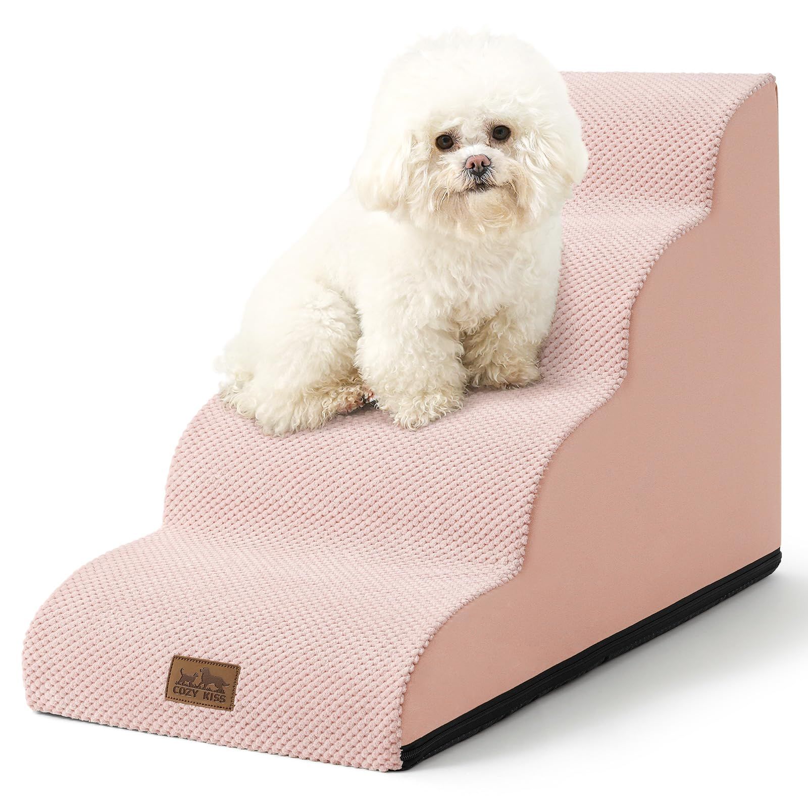 COZY KISS 犬階段 高密度スポンジ 防水加工 ドッグステップ 滑り止め底面 カバー取り外し洗える コンパクト収納 ペット階段 (ピンク、40×72×50cm、4段)