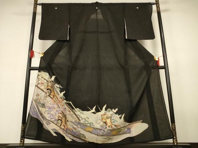 平和屋着物＊夏物　黒留袖　絽　御所車花鳥文　金彩　洗える着物　AABJ9164jd